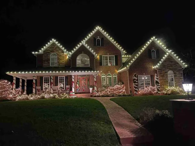 Close view of walkway and decorated porch with Christmas lights